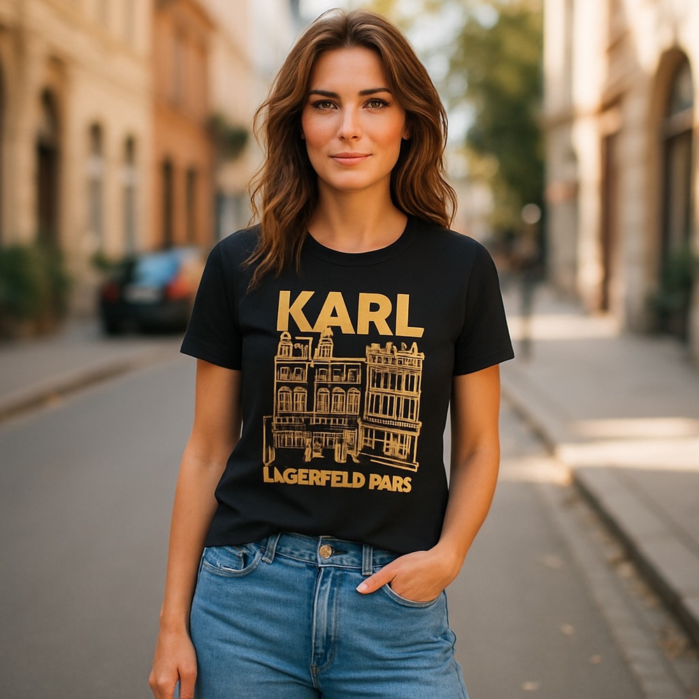 New Karl Lagerfeld Black and Gold Graphic Tee